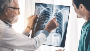 A doctor reviews a chest X-ray with a mesothelioma misdiagnosis patient